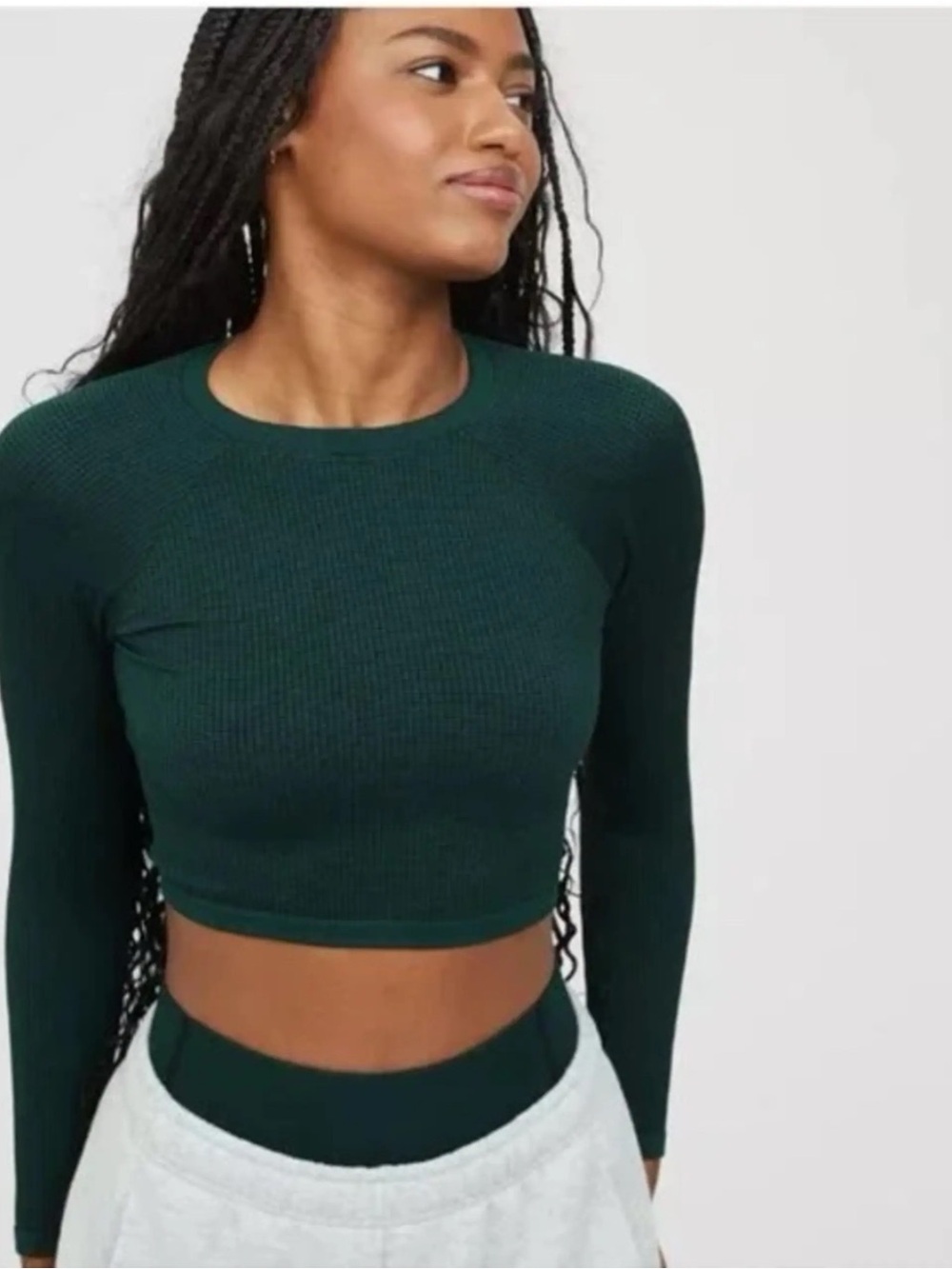 Offline by Aerie seamless waffle-knit textured forest green cropped active top S